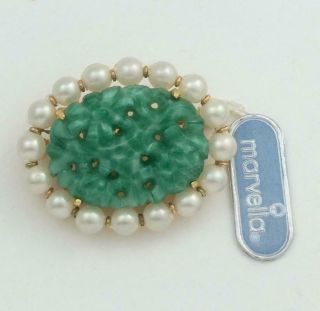 Vintage Marvella Pearl And Peking Glass Brooch Pin With Tag