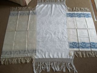 3 Vintage White Linen Damask Show Towels With Fringe