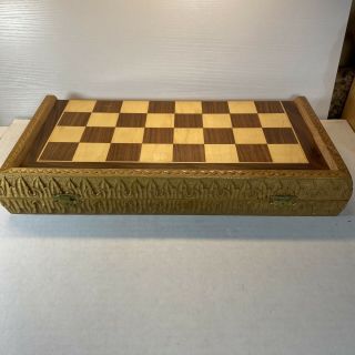 Vintage Hand Crafted Wooden Chess Board Set Made In Yugoslavia Folding Case