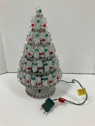 Vintage Mcm Beaded Safety Pin Handmade Lighted Christmas Tree 11 " Tall