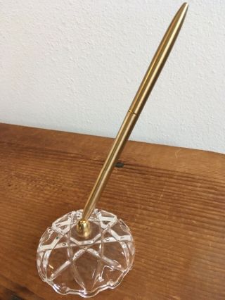 Vintage Pressed Glass Round Desktop Pen Swivel Holder And Gold Tone Pen Writes