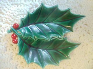 Atlantic Mold Holly Leaf & Berry Candy Nut Dish Christmas Ceramic1972 Vintage