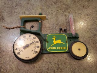 Vintage John Deere Wood Tractor Weather Thermometer Water Gauge