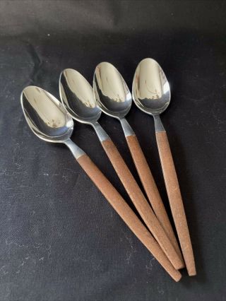 Vintage Mcm Ekco Eterna Canoe Muffin Stainless Soup Spoons 4 Wooden Handle