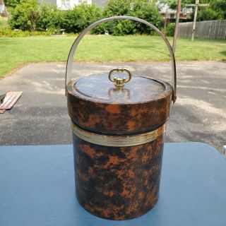Vintage Mid Century Modern Insulated Ice Bucket Faux Brown Leather Tortoise Shel