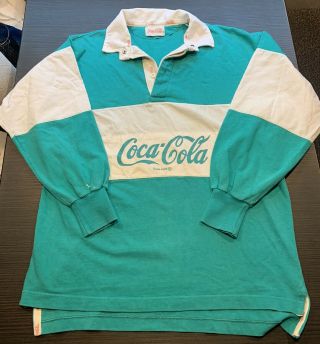 Mens Vintage 80’s Retro Coca Cola Long Sleve Green And White Rugby Jersey