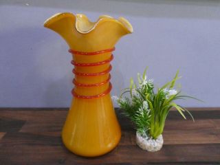 Vintage Retro Art Glass Vase Yellow With Ribbon Trail Pattern Mid Century