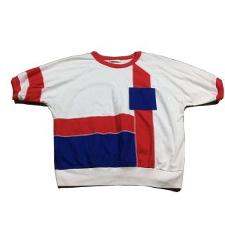 80s 90s Vtg Colorblock Pocket T Shirt L Boxy Banded Hem Red White Blue Nu Wave