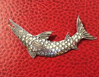 Outstanding Unusual Mexican Sterling Vintage Barracuda Pin With A Golden Eye.
