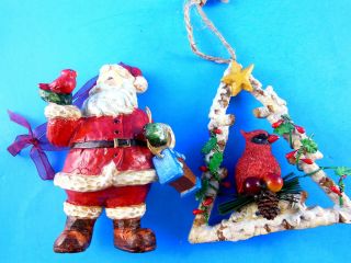 Santa W Cardinal & Bird House,  Cardinal On Tree Shaped Christmas Ornament 4.  5 "