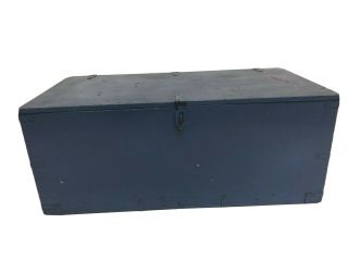 Vintage Military Foot Locker Trunk Chest W Tray Flat Top Storage Wood Box Blue