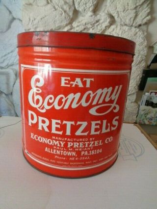 Vintage Advertising Tin.  Economy Pretzel 1940’s 10 1/4 Inch Tall