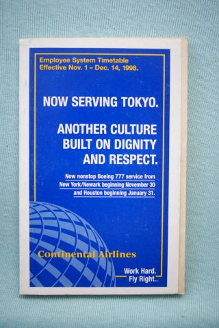 Continental Airlines Employee System Timetable - Nov 1 To Dec 14,  1998