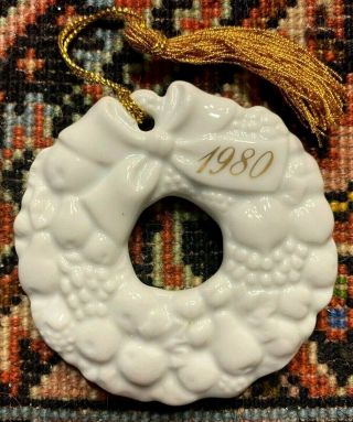 1980,  1981,  1982,  1983 Avon Christmas Remembrance Ornaments White Ceramic 14k Trim