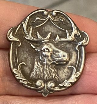 Antique Victorian Sterling Front Framed Deer Buck Head Pin Star Cut Out On Back