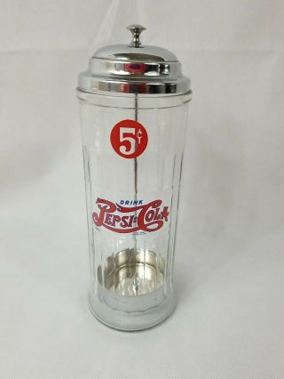 11.  5” Tall Older 5 Cents Pepsi:cola Straw Holder Metal And Glass