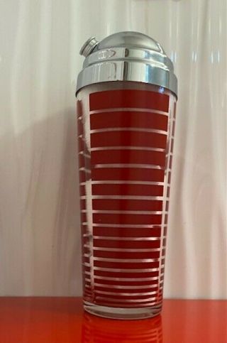 Vintage Red Striped Glass Cocktail Shaker With Silver Lid & Screw Cap