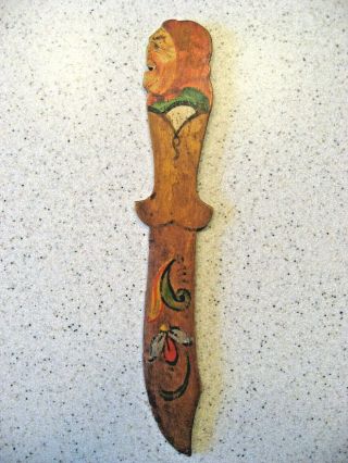 Vintage Norwegian Norge Wooden Letter Opener With Hand Painted Old Woman
