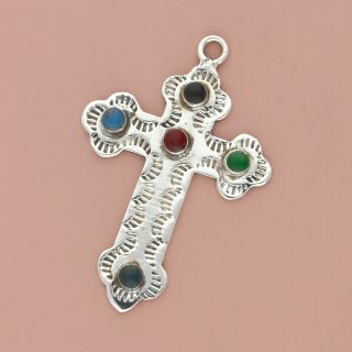 Vintage Sterling Silver Taxco Mexico Turquoise Onyx Cross Pendant
