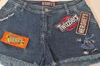 Vtg Hersheys 80s Demin Shorts Embroidered Reeses Kiss Twizzlers Logo Stretch Nos