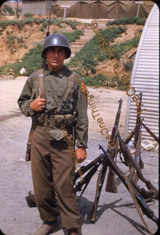 Pusan Korea Soldier Korean War Guns Base 1950s 35mm Slide Red Border Kodachrome