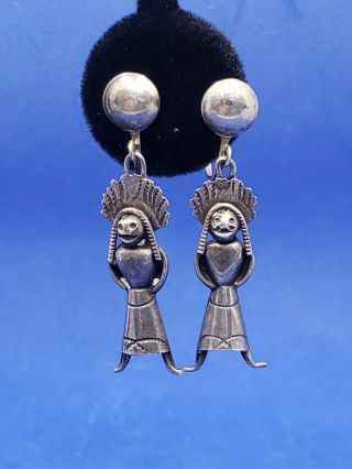 Vintage Navajo Sterling Silver Indian Chief Warrior Drop Dangle Clip - On Earrings