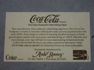 COCA - COLA COKE PORCELAIN ENAMEL ADVERTISING SIGN ANDE ROONEY 11 1/4 