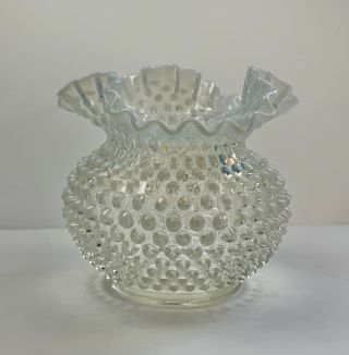 Vintage Fenton Clear / White Opalescent Hobnail Ruffled Glass Vase