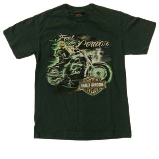 Vintage Harley Davidson Feel The Power Green Skull T Shirt Rare Size Small