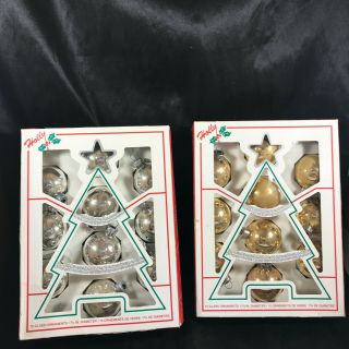Set Of 20 Vintage Silver And Gold Holly Brand Glass Christmas Ornaments