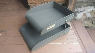 Vintage Globe Wernicke 2 Tier Off - set Metal File Tray Desk Organizer In Out Box 3