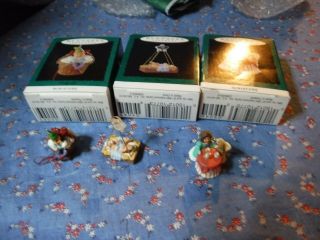 3 Hallmark Keepsake Miniature Ornaments 1994 Love Was Born Corny Elf Tea With T
