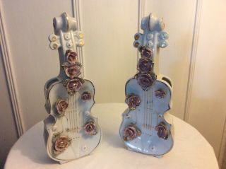 Vintage Thames Hand Painted Violin Shaped Vases,  Wall Or Shelf,  (2)