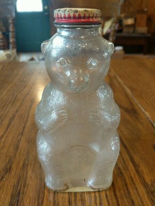 Vintage 1950s Snow Crest Glass Bear Coin Bank Bottle W/ Lid Salem Mass 7 "