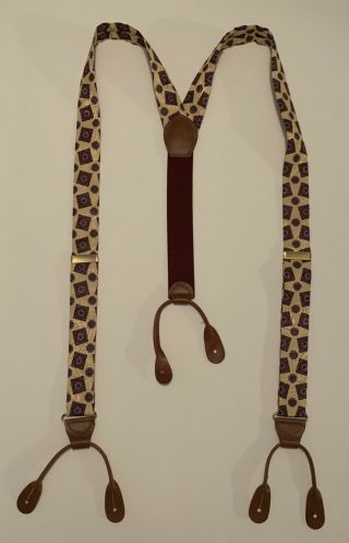 Vintage Colours Alexander Julian Suspenders Braces Yellow Silk Brown Leather Tab