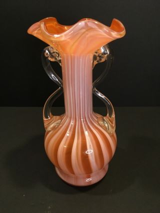 Vintage Hand Blown Art Glass Vase Orange And White Swirl With Ruffled Edge