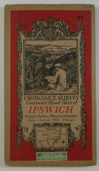 1921 Old Vintage Os Ordnance Survey One - Inch Popular Edition Map 87 Ipswich