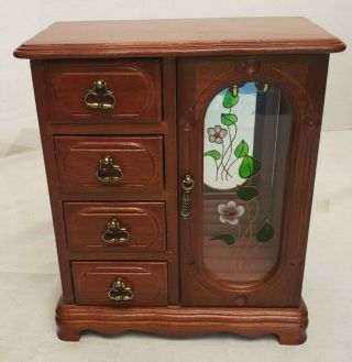Vintage Wood Jewelry Box With Glass Doors,  Mirror 4 Drawers 10.  5 " X 9 "