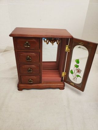 Vintage Wood Jewelry Box With Glass Doors,  Mirror 4 Drawers 10.  5 