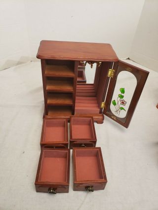 Vintage Wood Jewelry Box With Glass Doors,  Mirror 4 Drawers 10.  5 