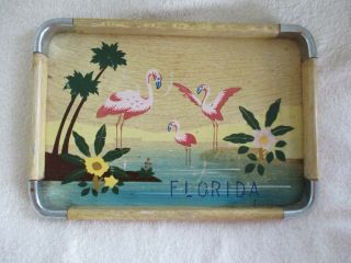 Vintage Wood Florida Souvenir Tray With Water Scene And Flamingos,