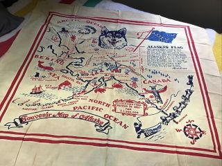 Vintage Alaska Souvenir State Map Tablecloth 50 X 50 Eskimo Moose Dog Sled Bear