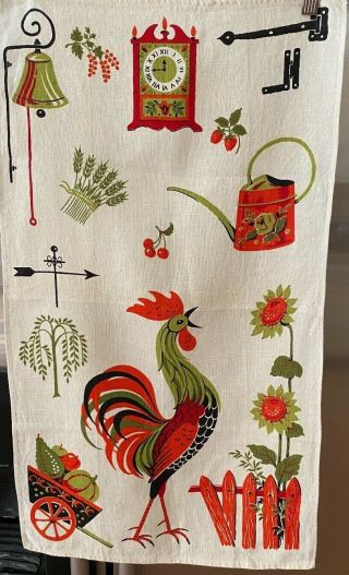 Pair Nos Vintage Linen Tea Towels - Parisian Print - Roosters & Sunflowers,  1 Bonus