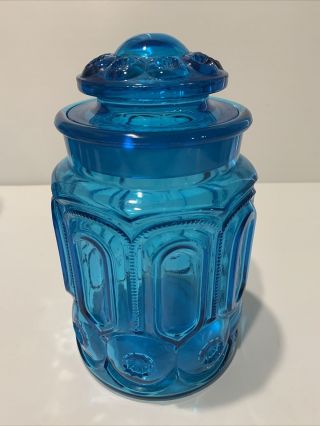Vintage Le Smith Teal Blue Moon & Stars Large Glass Canister 9 1/4” Tall