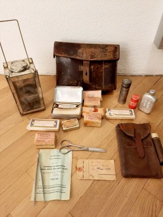 Leather Swiss Army Military Bag Medic First - Aid 1949 With Rare Folding Lantern