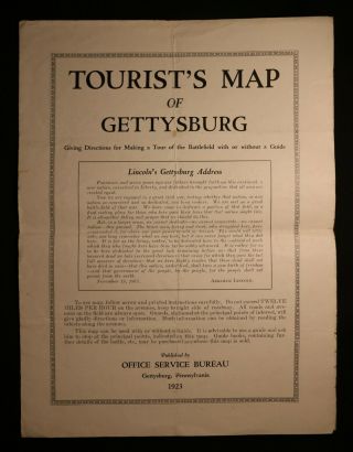 1923 Tourist Map Of Gettysburg,  Pa - Civil War Battle,  Lincoln