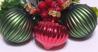Vintage Christmas Ornament 3 Mini Mercury Glass Feather Tree Green Red Bauble