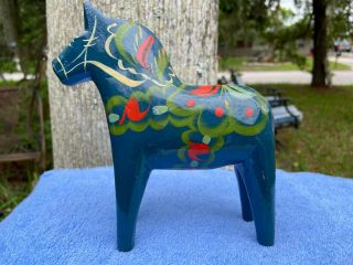 Vintage Akta Dalahemslojd G.  A.  Nils Olsson Swedish Folk Art Painted Blue Horse