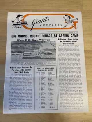 Vintage February 15,  1962 Giants Jottings Baseball Newsletter - Vol 4.  No 1