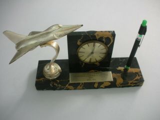 1959 Usaf Flight Safety Award Trophy With Jet Plane,  German Clock & Marble Base